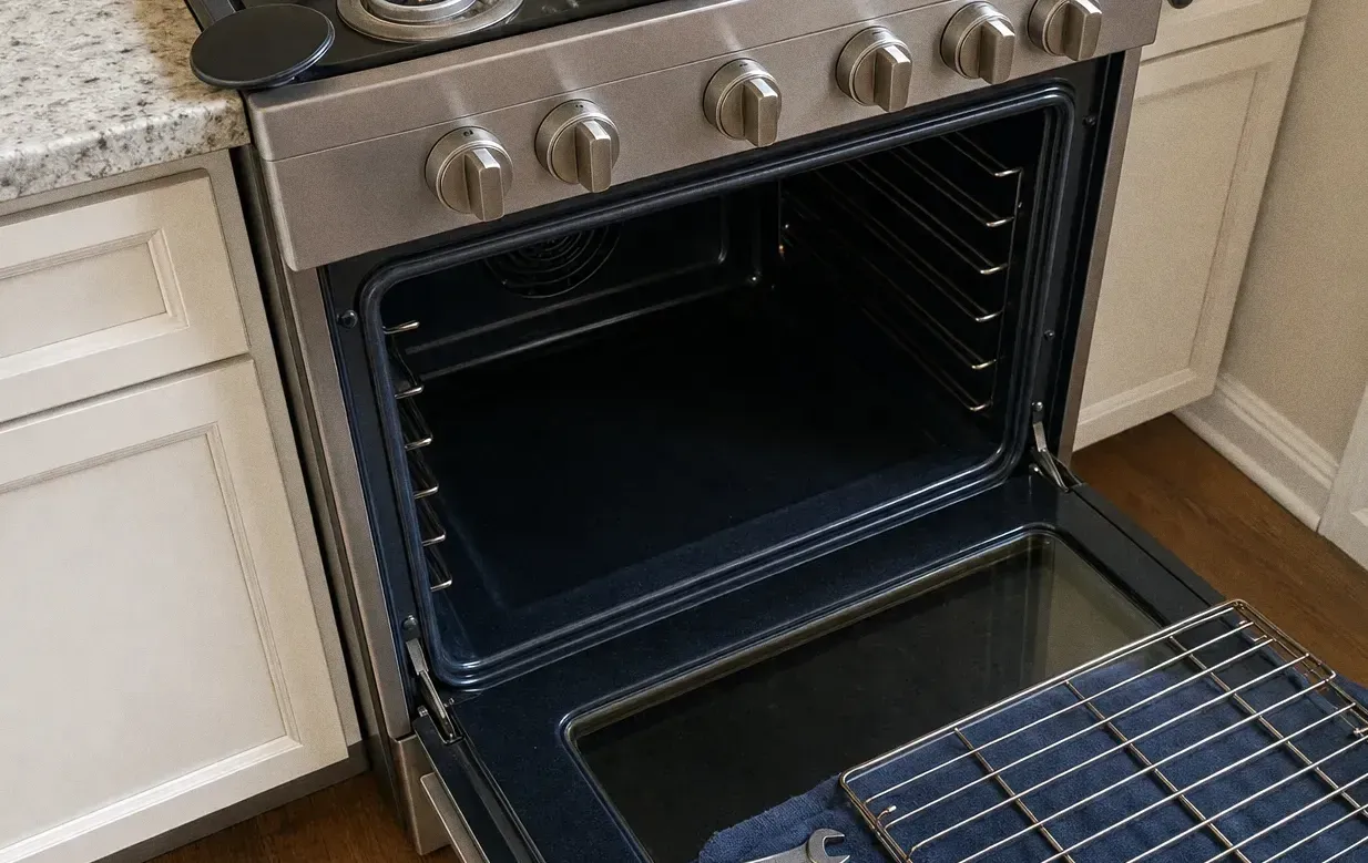 A stainless range with the oven door open on an empty cavity and an oven rack set down on the floor beside it