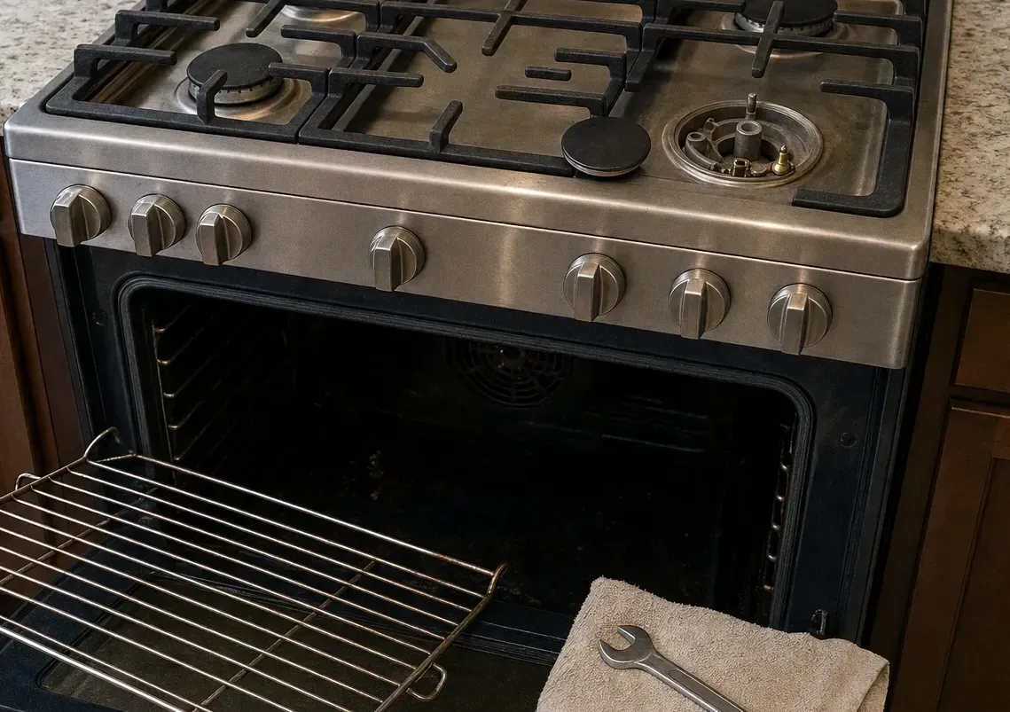 A gas rangetop with one burner cap lifted off to expose the burner base, the oven door open below and a wrench resting on a folded towel