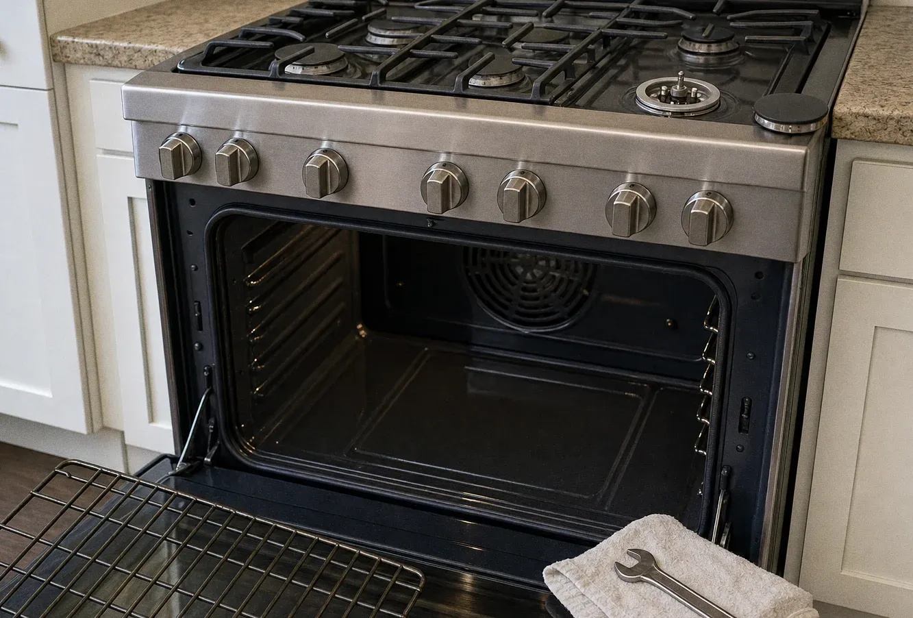 A stainless gas range built into white cabinets with the oven door open, a rack on the floor and a wrench on a folded towel