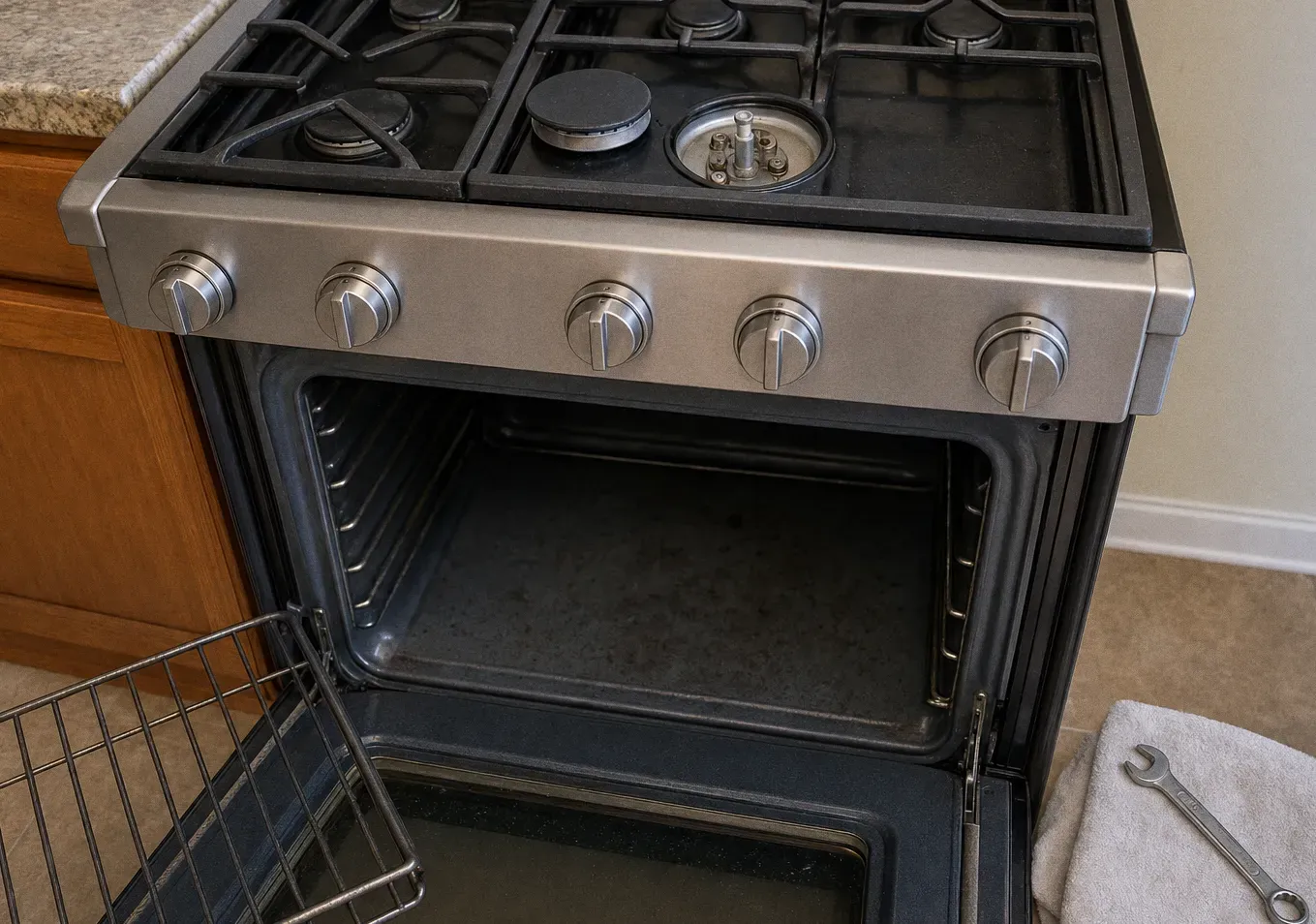 The front of a stainless gas range with the oven door open, a rack pulled out and a wrench lying on a folded towel